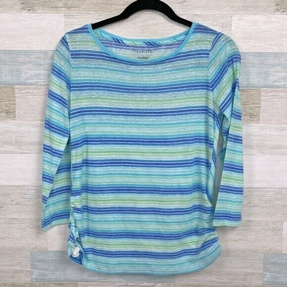 TALBOTS Linen Blend Side Ruched Tee Blue Green Womens Small - Picture 2 of 5